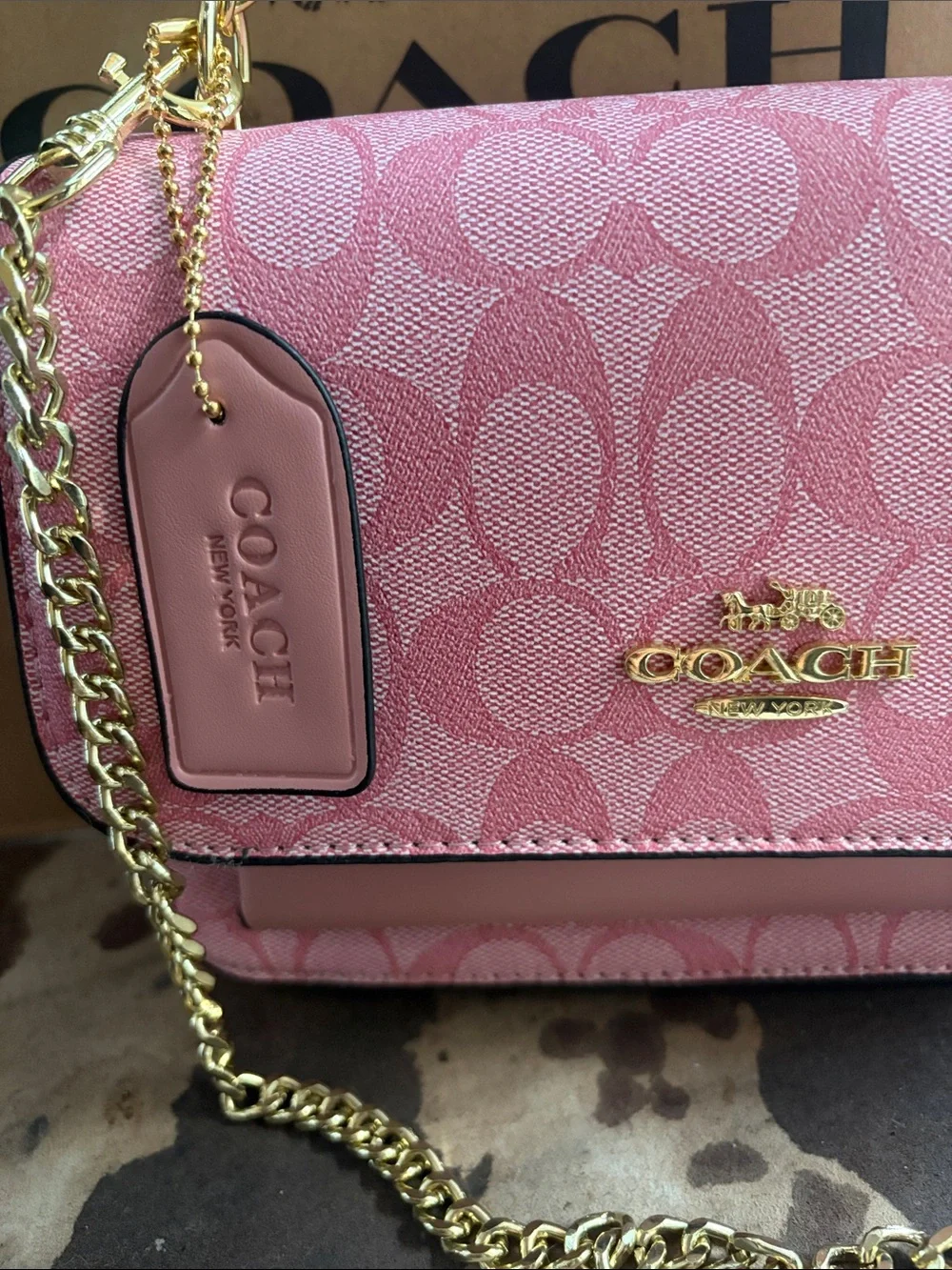 Coach Pink Signature Crossbody Bag with Gold Chain & Cherry Charm